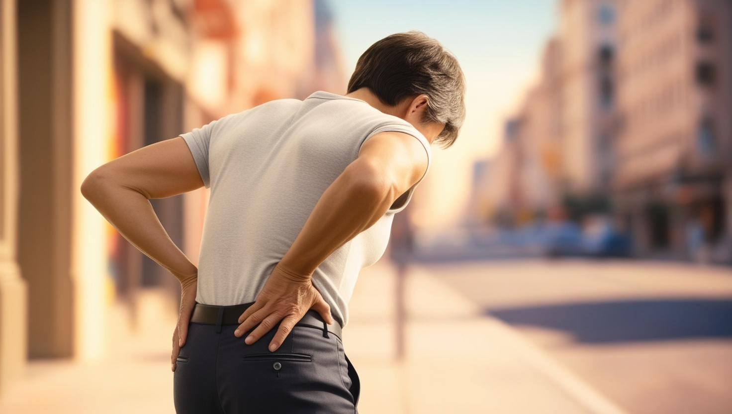 persona con dolor lumbar mientras camina por la calle